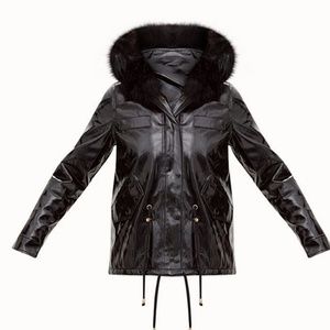 Black Vinyl Faux Fur Trimmed Hooded Coat PLT